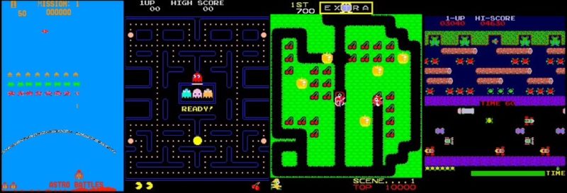 Screenshots from the arcade games Gorf, Pac-man, Mr. Do!, and Frogger