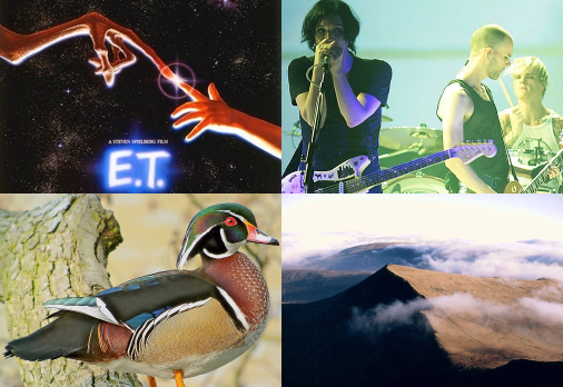 Montage of pics of: E.T. film poster, the band Placebo, a male duck, and the Brecon Beacons. Pics via wikipedia.