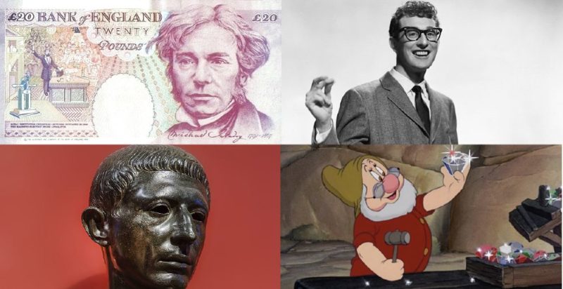 Collage of 4 images: Michael Faraday on the UK #20 note; Buddy Holly; Cato; Disney's Doc