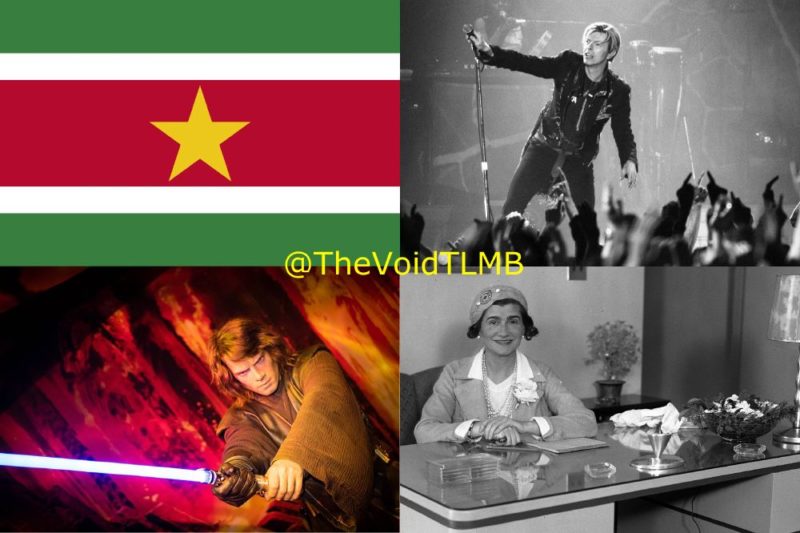 Collage of 4 images: Flag of Suriname; David Bowie performing live; Anakin Skywalker; Coco Chanel