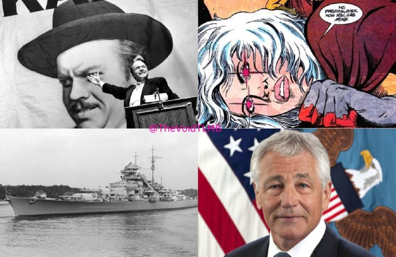 Collage of 4 pics: A still from Citizen Kane; Illustration of the Silver Sorceress; The Bismarck battleship; Chuck Hagel