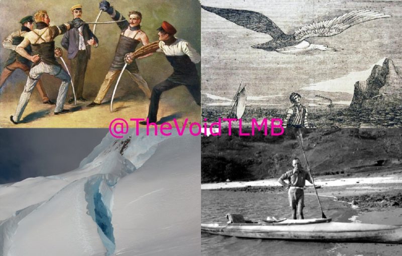 Collage of 4 images: 5 men practising sword-fighting; A woodcut of an albatross flying over a sea, with a man in the foreground, and a rocky island and a sail boat in the background; A crevasse in the snow on the side of a mountain; 1930s photo of a man holding a long double-bladed paddle, standing by his long kayak on the shore. BlanketyBlank-collage_md
