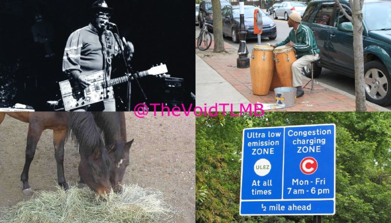 Collage of 4 images: Bo Diddley singing & playing guitar onstage; A man playing bongos beside a pavement;horses eating hay;London ULEZ/Congestion zone road sign